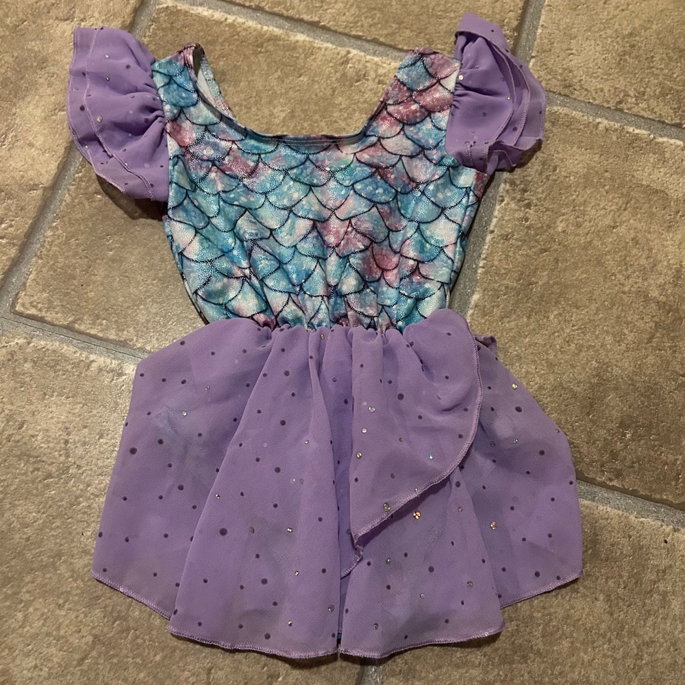 Funnycokid Girls Mermaid Scale Leotard Purple Chiffon Skirt Rhinestones Size 120